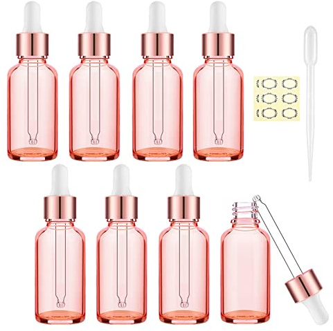 Alledomain 8 st, 15 ml roséguldfärgade glasflaskor med pipetter, tomma ögondroppflaskor, rosa gyllene lock, påfyllningsbar provbehållare för eteriska oljor/massageoljor/kroppsolja/kemisk vätska