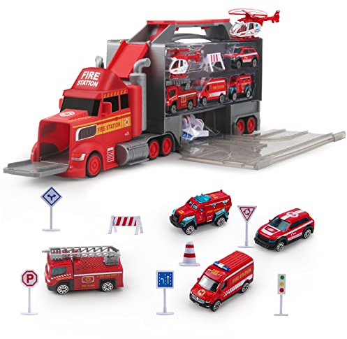 Rhybor Camion Pompieri Giocattolo 5 Mini Auto in Metallo Playset Vigili del Fuoco Auto Giocattoli per Bambini da 3 4 5 Anni