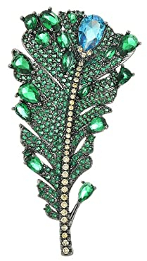 JadeAngel Vintage-Brosche für Frauen, grüne Zirkonia, Feder-Brosche, wunderschöne Brosche für Party, Bankett, Messing, Zirkonia