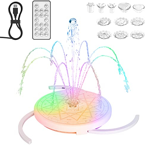 AMZtime USB LED Springbrunnen, Schwimmender RGB LED Brunnen mit Fernbedienung, Bunte LED Teichpumpe mit Stützstange,Teich Springbrunnen für Vogeltränke,Teich,Fishbowl,Garten,Außen und Drinnen