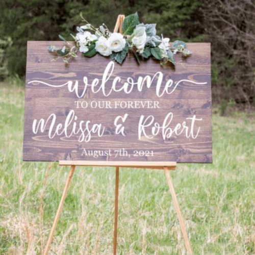 jifu Panneau « Welcome to Our Beginning, Welcome to Our Forever » en bois rustique, décoration murale en vinyle, nom personnalisé et date, décoration de fête de mariage (69 x 42 cm)