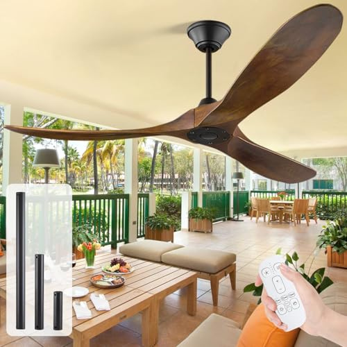 MSHENUED 152cm Outdoor Deckenventilator ohne Licht, Rustikaler Holz Deckenventilator mit Fernbedienung, Outdoor Deckenventilatoren für Terrassen (Brauner Deckenventilator, 152 cm)