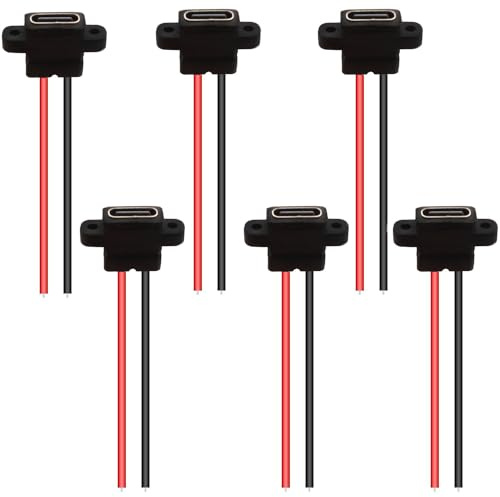 RUNCCI-YUN 6PCS USB C Type-C Female Chassis 2Pin Soldering Jack Waterproof Pigtail Cable Extension Power Cable Micro USB Type C Panel Mount Connector 3A Black