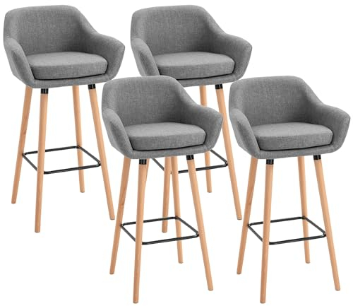 HOMCOM 4er-Set Barhocker, Barstuhl aus Leinen mit Sitzkissen, Küchenhocker, Bistrohocker mit Fußstützen, Buchenholzbeine, Tresenhocker für Wohnzimmer, Esszimmer, Grau, 55 x 48 x 100 cm