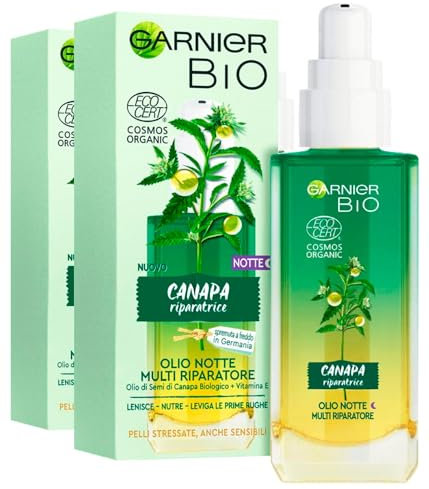 Garnier Bio Nachtöl Multi Reparatur beruhigt, nährt und glättet erste Falten mit Hanfsamenöl Vitamin E für strapazierte und empfindliche Haut - 2 Flaschen à 30 ml