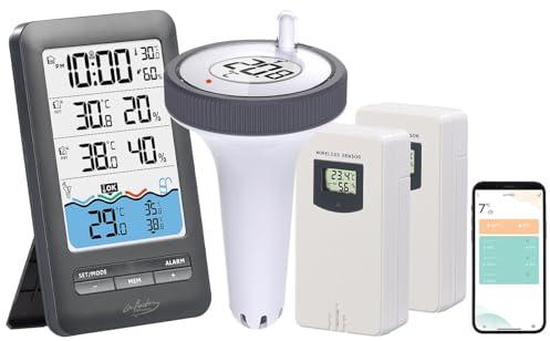 infactory Pool Thermometer WiFi: Smartes WLAN-Poolthermometer, IP67, 2 Außensensoren, Alarm (Funk Poolthermometer, mit App, poolheizung)