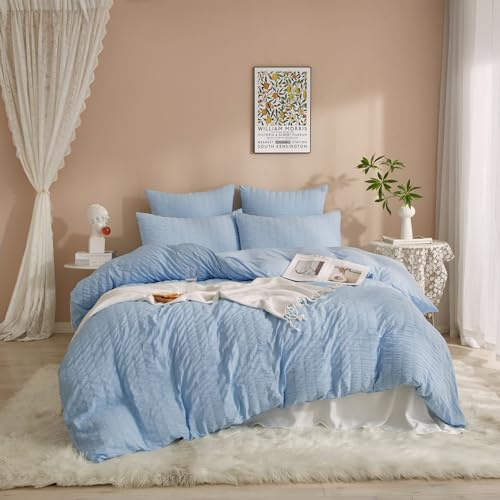 DXHOME Seersucker Bettwäsche 135x200cm Blau Uni Einfarbige Gestreift Sommer Wende Bettwäsche Weiche Microfaser 2 Teilig Bettbezug mit Reißverschluss + 1 Kissenbezug 80x80 cm