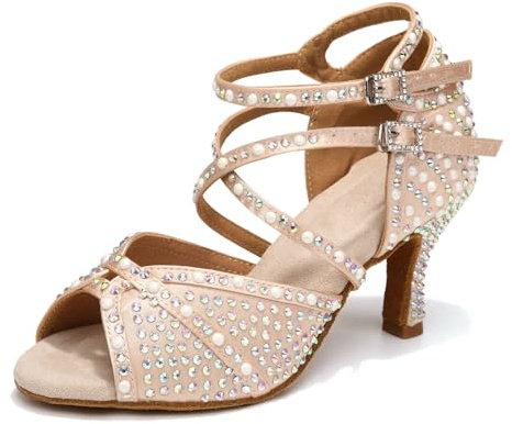 YCALCP Scarpe da Ballo Latino Donna con Strass Nudo Punta Aperta Salsa Bachata Tango Scarpe Ballo da Sala, 37.5 EU