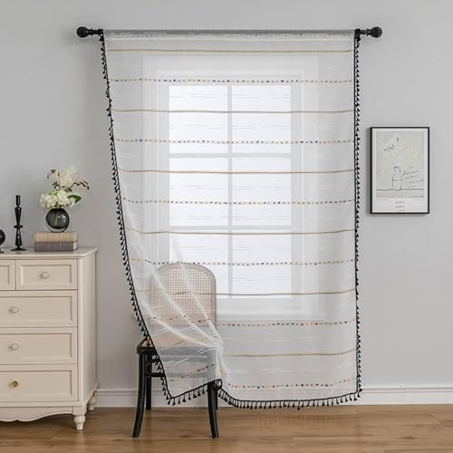Bishilin Vorhänge Stangendurchzug 2er Set, Gardinen Halbtransparent Weiß Schwarz mit Streifen Motiv 140x260CM Outdoor Gardinen und Vorhänge Wohnzimmer Pavillon Küche