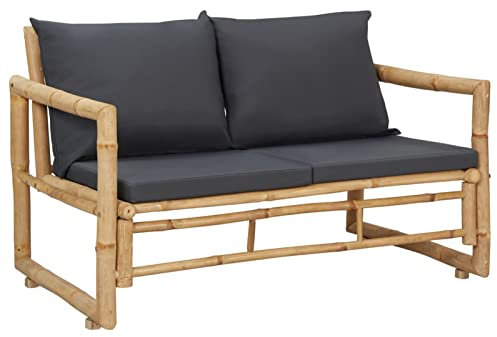Homgoday Gartensofa, Gartenmöbel aus Bambus, Terrassenmöbel, kleine Terrassenmöbel, Terrassensofa, Gartenbank mit gepolsterten Kissen, 2-Sitzer mit Bambuskissen, Grau