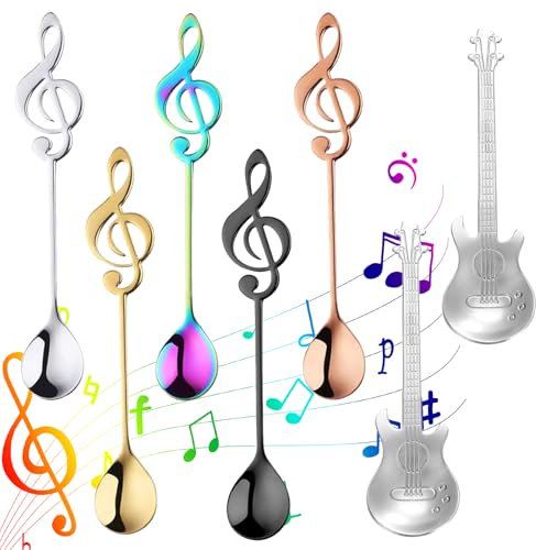 Qaestuan Lot de 7 cuillères à café en acier inoxydable coloré pour guitare, note de musique, passe au lave-vaisselle, cadeaux musiciens pour café glacé, lait, ménages, hôtel