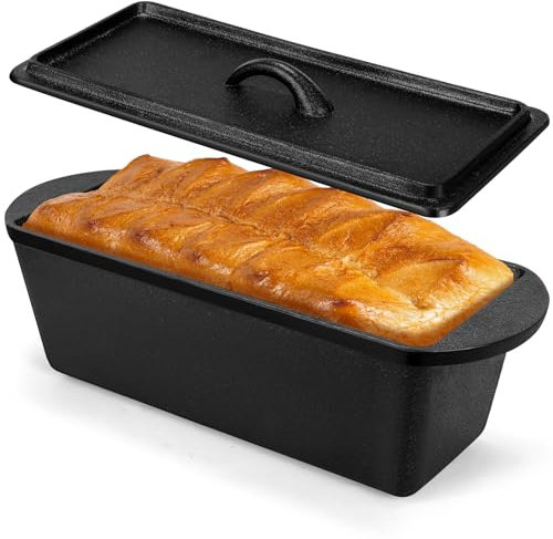 Teenyyou Moule à pain en fonte avec couvercle 33 x 12,7 cm – Moule à pain en fonte avec deux poignées – Moule à pain en fonte pour la cuisson du pain de viande fait maison, noir