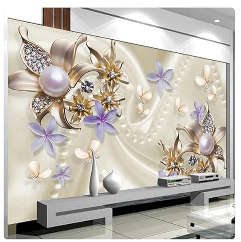 kfjhgbdshhj Papier peint photo 3D stéréo style européen, perles, diamants, papillons, fleurs, salon, TV, canapé, toile de fond, décoration murale 3 D x 150 x 105 cm (59,1 x 41,3 pouces)
