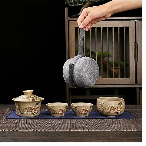 BGFYUSF Mini-Reise-Teekannenset aus Keramik， klassisches beiges Muster mit laufendem Pferd， chinesisches Gongfu-Teeset aus Porzellan， 1 Kanne， 3 Tassen，，