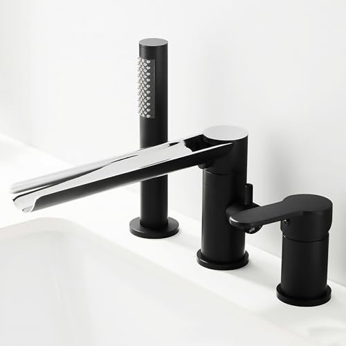 CISSIYOG 3 Loch Wannenrandarmatur, Badewannenarmatur mit Ausziehbarem Handbrause, 360°Drehbar Auslauf, Badewannenarmatur Wasserfall, Badarmatur Badewanne - Schwarz