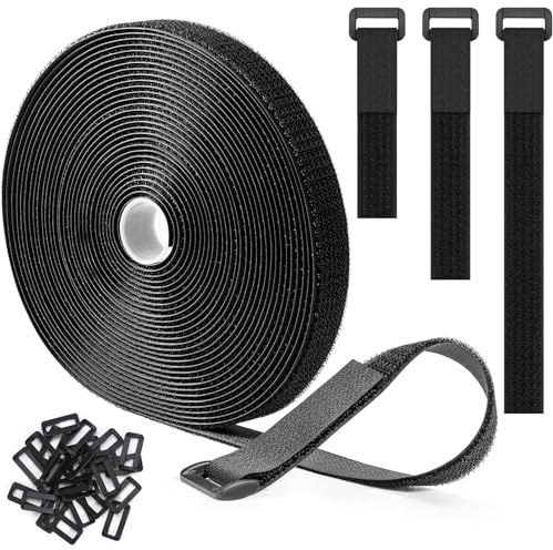 Trilancer Återanvändbara Kardborreband 10m x 2.5cm, Justerbara Kabelband med 50 öglor, Klippbara Band för Kabelhantering Och förvaring, Svarta