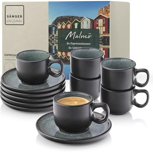 SÄNGER Malmö Espressotassen Set Steingut 12 teilig, Mokka Tassen Set | 6 Personen, Tassen & Untertassen - spülmaschinen- & mikrowellenfest - Tassenset grün mit schwarzem Rand 80 ml