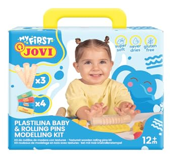 Jovi Plastilina Baby - Mi primer kit de modelaje, barritas de 38g 4 colores surtidos + 3 Rodillos de madera, sin gluten, NO se seca, para niños a partir de 12 Meses (374RP)