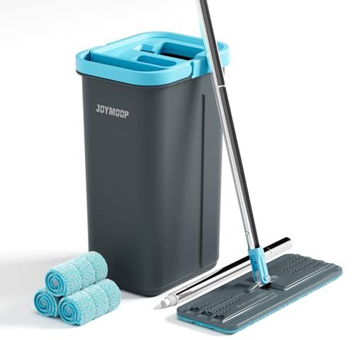 JOYMOOP Mop and Bucket Set with Wringer, with 3 Reusable Microfiber Mop Pads, Mops for Floor Cleaning and Wall Cleaning, Hands-Free Flat Mop for Home Use - Grey+Cyan Blue