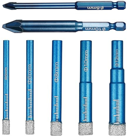 eROOSY Punta diamantata 5, 6, 8, 10, 12 mm con punta in metallo duro da 6/10 mm, set di punte per piastrelle, per ceramica, granito, vetro, porcellana, muratura, marmo