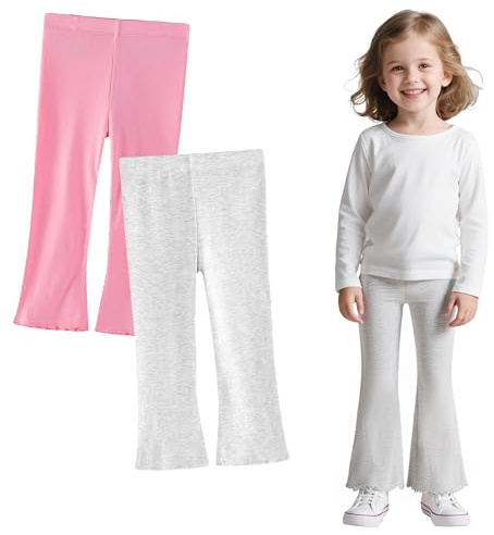 Domueay Leggings Acampanados para Niña Algodón Pantalones Niñas Pack de 2 Suaves y Transpirable Mallas Elásticas Deportivas para Ballet Escolar Correr Legging Infantil Ropa 6-7 Años, Rosa Gris