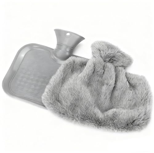 Bitcoraje Wärmflasche mit Weichem Bezug– 2L Auslaufsichere Wärmflasche aus Naturkautschuk mit Känguru-Tasche – Bettflasche zur Schmerzlinderung & Wärme für Hände, Füße, Rücken und Bauch (Grau)