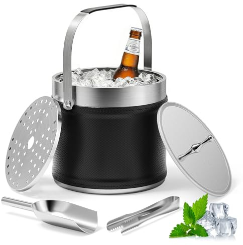 BugyKido 3,2 l ishink med avtagbart lock och tång, skopa, sil, svart isolering läderärm dubbelvägg rostfritt stål isolerad champagnehink för fester, restaurang, cocktailbar