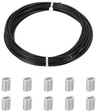 PATIKIL Cable De Acero Inoxidable De 1.5mm X 5m 1Juego Cable De Acero Inoxidable Para Exterior Con 10 Manguitos De Aluminio Para Barandales Pasamanos Tendederos Color Negro