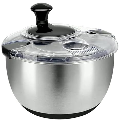 Essoreuse à salade Inox 4,5 L – Bol en acier inoxydable avec base antidérapante, manivelle + bouton d’arrêt, panier égouttoir, sans BPA, compatible lave-vaisselle, multi-usage légumes/herbes
