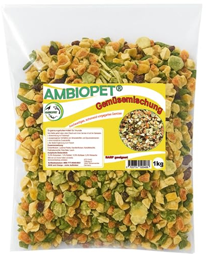 Ambiopet® getrocknete Barf Gemüseflocken für Hunde im 1kg Beutel, Gemüsemischung aus Karotten, Erbsen, Roter Bete & Luzerne, reich an Nährstoffen, ohne künstliche Zusatzstoffe