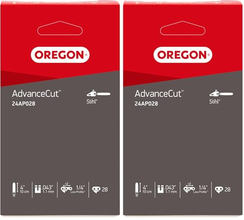 Oregon Chaîne de tronçonneuse compatible avec Stihl GTA26, pour guide mini-tronçonneuse 4 pouces (10 cm), pas 1/4” Low Profile, 28 maillons, 1,1 mm, faible rebond, gouges demi-rondes (24AP) (Lot de 2)
