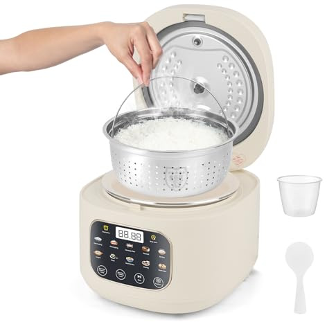 Arrocera 3L eléctrica multifunción Mini arrocera con Vaporera Rice Cooker con Modo Bajo en Azúcar para 3-5 Personas, 10 Funciones de Cocción de arroz, Sin BPA, Mantiene Caliente, Inicio Diferido