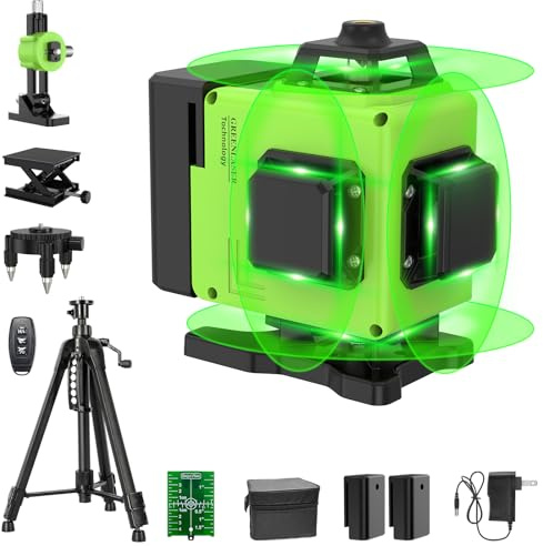 16 Linien Kreuzlinienlaser Grün 4 x 360° Set – Präziser 4D Baulaser mit Stativ, Selbstnivellierend, IP54 Wasserdicht, Inkl. 2 x 2400 mAh Akkus & Zubehör – Komplett-Set für Boden & Decke