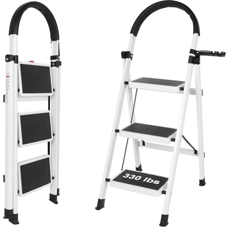 3 Step Ladder: Folding Step Stool for Adults with Handle | Heavy Duty Stepladder with Wide Pedal Anti-Slip Safety Treads | Easy to Store Step Stool | 330 Capacity for Home and Kitchen