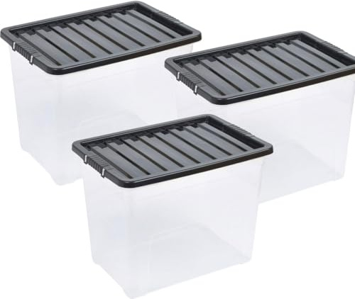 OptiProducts 3 X 80L Large Plastic Storage Box with Black Lid – Heavy Duty Stackable Container, Multipurpose Storage Bin for Home, Office, Garage & Clothes Organisation