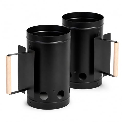MIO TECK - 2 encendedores de carbón - Encendedor de barbacoa de metal negro - Starter Carbón BBQ - Ø16 cm x 27 cm - Mango de madera, sin líquidos inflamables - Grill Carbón Camping