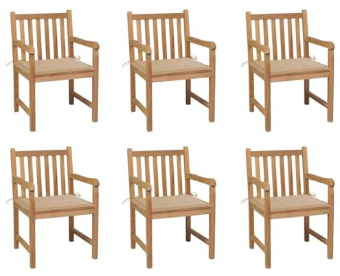 YuuSsea Trädgårdsstolar 6 st beige kuddar massivt trä teak väderbeständig stapelbar med armstöd och ryggstöd för balkong terrass utomhus camping pool bekvämt utrymmesbesparande