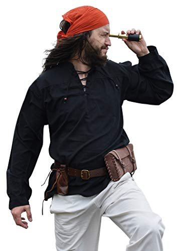 Battle-Merchant medeltida skjorta Ludwig bomull | män bred snörning skjorta ståkrage långärmad LARP vikingarkläder kostym | svart/vit/natur/blå S/M/L/XL/XXL/3XL, svart, XXL