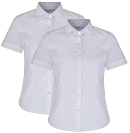 Trutex Girls White School Shirts, Multipack – Short Sleeve Slim Fit Revere Collar Cotton-Rich Easy Iron School Blouses – Age 15 (2 Pack)