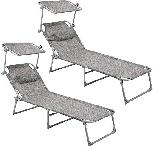 SONGMICS Sonnenliege, 2er Set, klappbarer Liegestuhl, 193 x 53 x 29 cm, bis 150 kg belastbar, Sonnenschutz, Kopfstütze, verstellbare Rückenlehne, für Garten, Pool, Terrasse, Greige GCB192T02