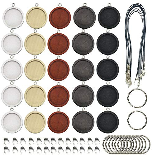 Allazone 45 Stück Holz Anhänger Tablett, 25 MM 5 Farbe Rund Anhänger Tablett, Lünette Schwarzem Wachsseil und Anhängerschnalle für DIY Souvenir Bild Medaillon Halskette Geschenk Schmuckherstellung