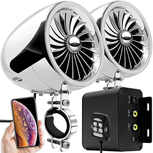 Aileap M150 Sistema de Audio con Amplificador de Moto con AUX, MP3, Radio FM, 4 Pulgadas de Altavoces estéreo Bluetooth Impermeables para Motocicletas ATV UTV RZR (Cromo, Ventilador)