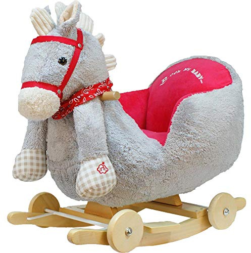 Bakaji Cheval à bascule en bois structure basculante avec roues Cavallino Poni 2 en 1 avec Fauteuil et sonnerie amusante pour les plus petits (Gris)