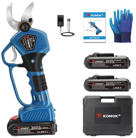KOMOK Forbice Potatura a Batteria 40 mm con Display a LED, Forbici Elettriche con 2 Batterie Ricaricabili 2000mAh 21V/Lame SK5 con Rivestimento - Blu Navy