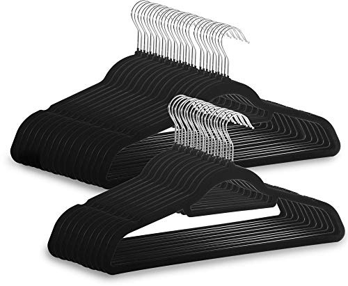 Velvet Coat Hangers - Pack of 50 Black | with Tie Hanger | NonSlip Design | Jackets & Trousers | Flocked Slimline | Space Saving Clothes Organisers | M&W