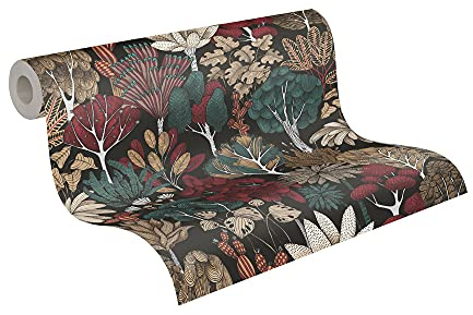 A.S. Création Architects Paper Dschungeltapete Floral Impression Tapete natürlich PVC-freie Vliestapete schwarz grün rot beige braun matt glatt 377576 37757-6, 10.05 m x 0.53 m