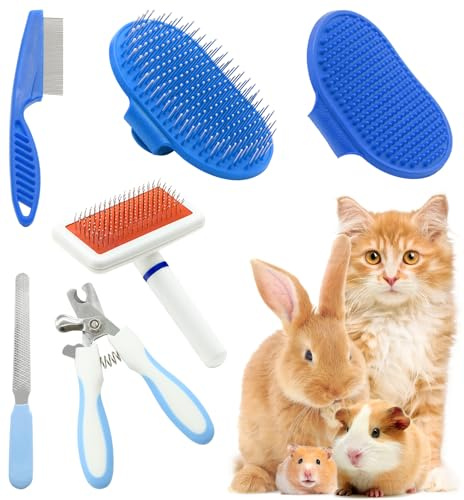 Kaninskötselkit med slicker kaninborste badmassagehandske borste husdjur fällande kam nagelklippare trimmer 6 delar set för kanin kattunge marsvin katt chinchilla iller små djur
