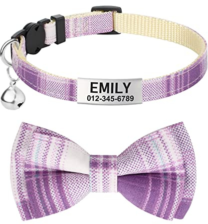 TagME Katzen halsbänder mit Namen und Telefonnummer Auf, Kätzchenhalsband mit Sicherheits Verschluss und Glöckchen, Plaid Lila