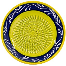 Kaladia - Keramik Reibeteller/Keramikhobel - ideal für Ingwer, Parmesan etc. - Motiv: Grün & Blau - Durchmesser: 12 cm - handgemacht & handbemalt - Made in Spain