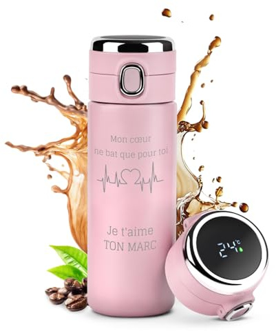 Maverton Mug de voyage isotherme avec gravure, Bouteille isotherme rose | 400 Ml, Pour femme- Affichage de la température LED, Tasse personnalisée pour anniversaire, Pour elle, CŒUR